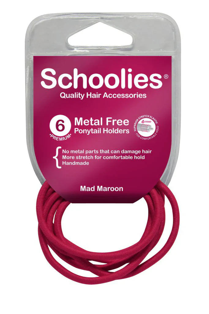 Schoolies SC464 Metal Free Ponytail Holders 6pc Mad Maroon Retail Schoolies