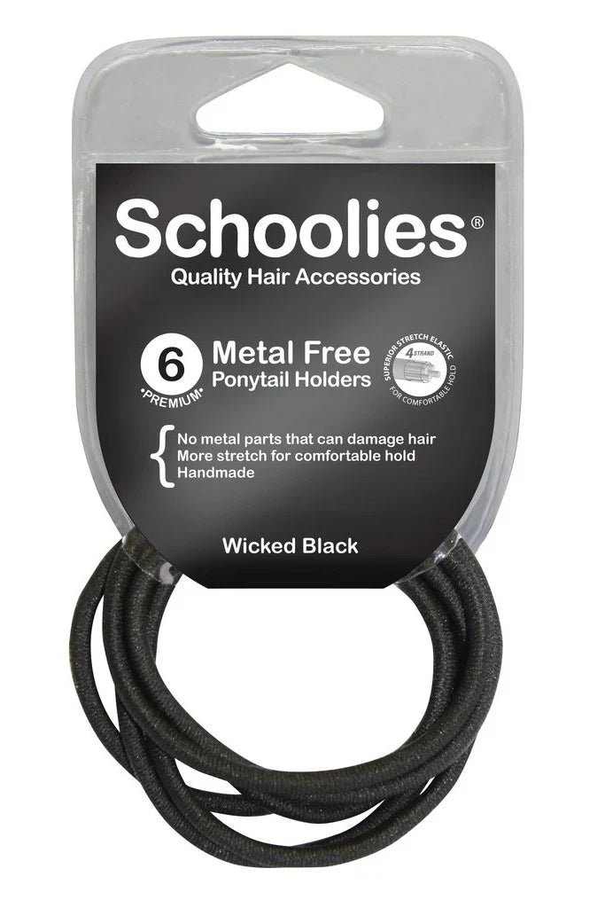 Schoolies SC468 Metal Free Ponytail Holders 6pc Wicked Black Retail Schoolies