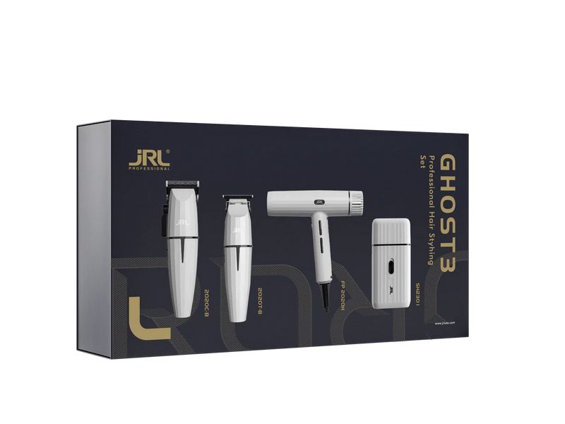 JRL Onyx White Ghost 3 Professional Clipper Trimmer Hair Dryer and Foil Quad Kit Clipper/Trimmer/Foil Shaver Duo JRL